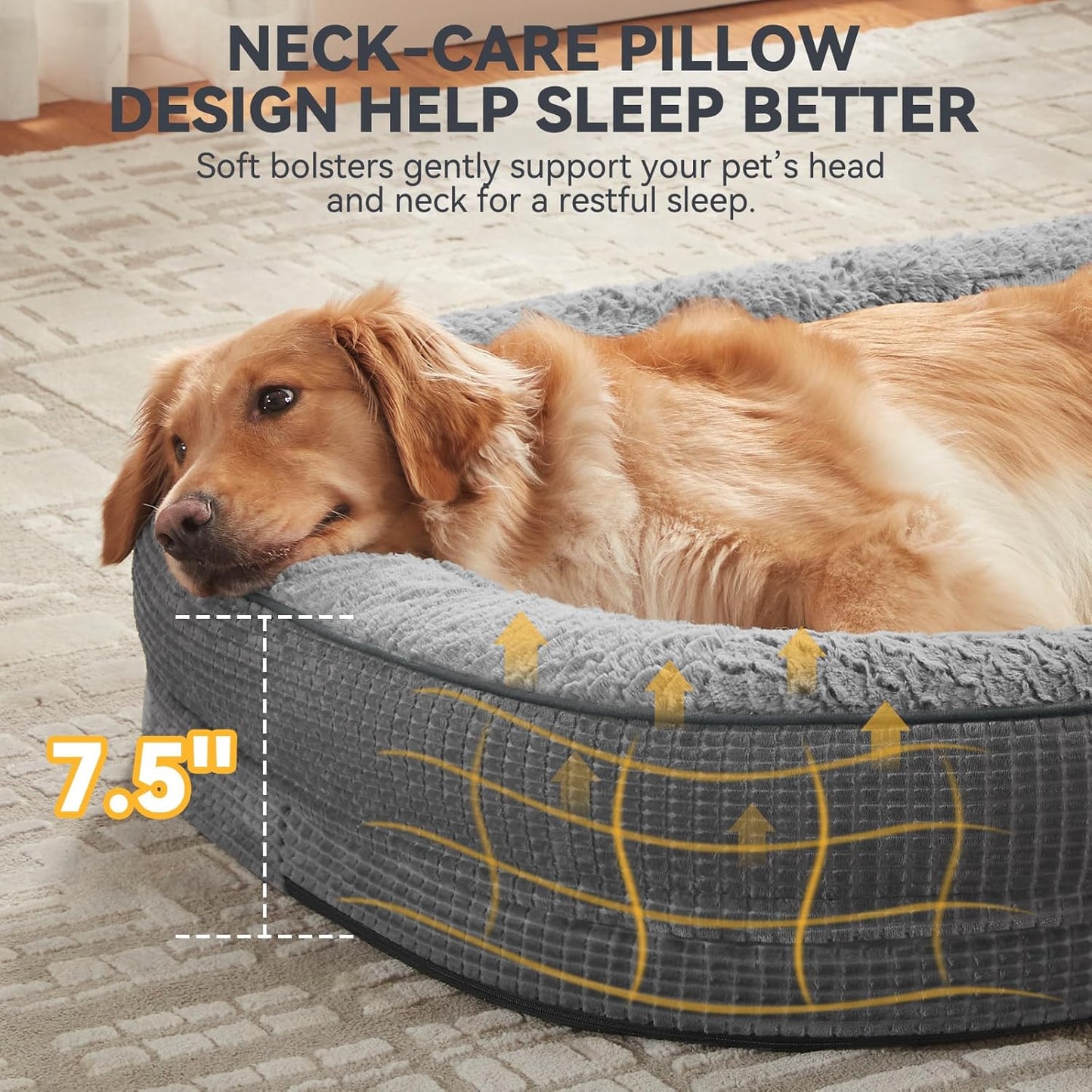 JOEJOY Orthopedic Dog Bed for Medium Dogs, Egg-Crate Memory Foam Pet Bed with Bolster Sides, Waterproof Lining, Removable Washable Cover & Non-Slip Bottom, Grey