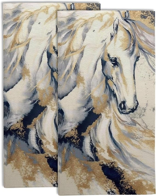 Golden Horse Oil Painting Kitchen Hand Towel Set of 2,Abstract Art Painting Bathroom Hand Towel,Soft Absorbent Decorative for Bathroom Kitchen Hotel