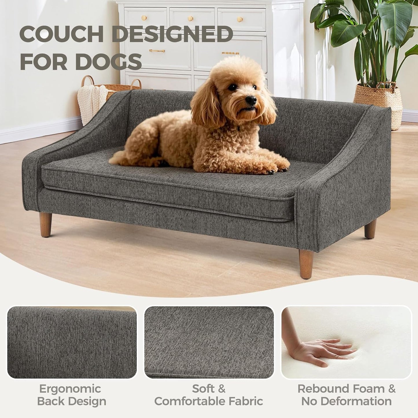 Dog Sofa Couch for Medium to Large Dogs, Durable Pet Sofa with Washable Fabric, Elevated Mini Dog Bed with Wooden Legs for Medium and Large Dogs, Dark Grey