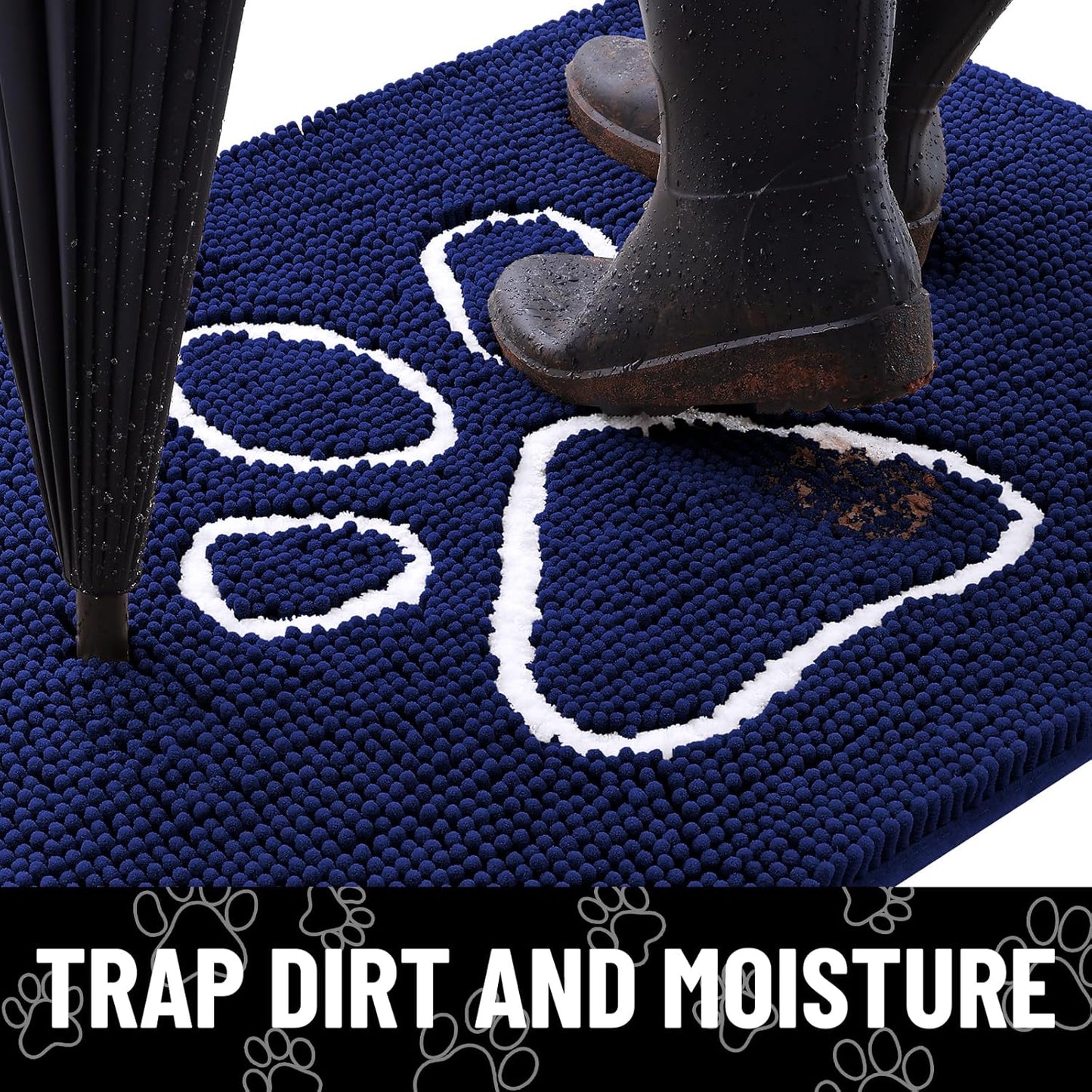Smiry Dog Door Mat for Muddy Paws, Absorbent Dirt Trapper Non Slip Quick Dry Washable Chenille Mat for Mud Dogs, Entry Rug for Indoor and Outdoor (48x30 Inches, Navy Blue)
