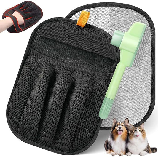 2-in-1 Flea Comb & Electrostatic Glove Set for Cats & Dogs | Removes Fleas, Tangles, Loose Hair & Dander | Bonus Pet Hair Remover for Furniture, Carpet & Bedding