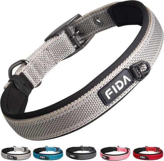 Fida Heavy Duty Dog Collar, Ultra Comfortable Soft Neoprene Padded, Adjustable Reflective Nylon Pet Collar with Durable Metal Belt Buckle for Small Breeds (S, Grey)