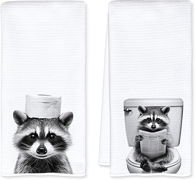 Funny Toilet Newspaper Raccoon Bathroom Hand Towels, Gifts for Raccoon Lovers Hand Towels for Bathroom Washroom Restroom Decor, 16x24 Inch Set of 2
