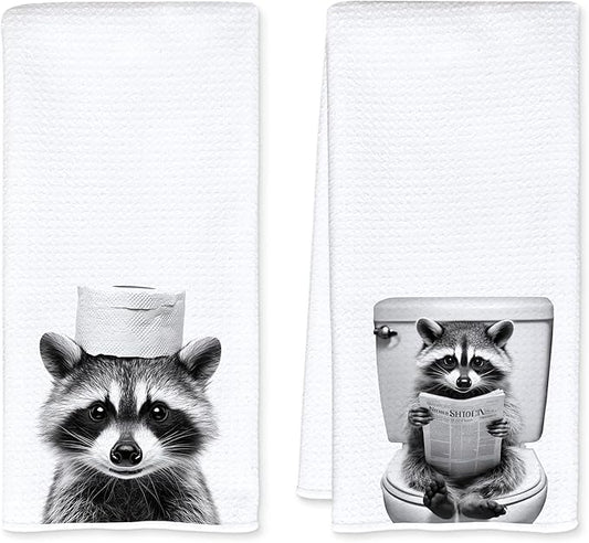 Funny Toilet Newspaper Raccoon Bathroom Hand Towels, Gifts for Raccoon Lovers Hand Towels for Bathroom Washroom Restroom Decor, 16x24 Inch Set of 2