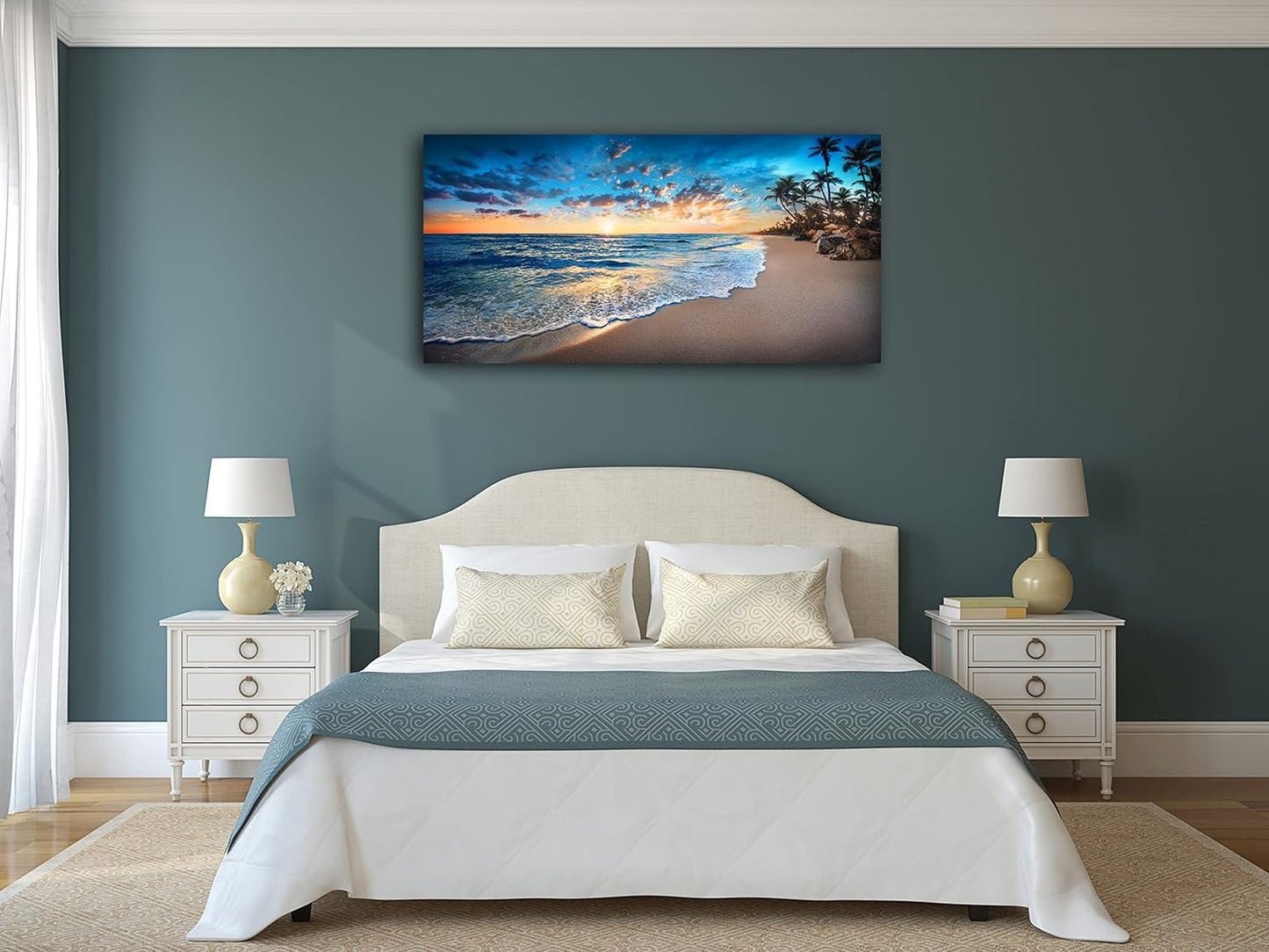 Jiuqinghua Canvas Prints Wall Art Blue Beach Ocean Landscape Paintings 1 panel Sunset Sea Waves Wall Decor Pictures Stretched and Framed for Living Room Bedroom and Office Home Decor Artwork