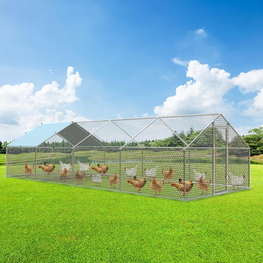 4ever2buy Large Metal Chicken Coop with Run Walk-in Poultry Cage Chicken Runs House Pen Cage Spire Roofed Chicken Coops with Anti-Ultraviolet Cover for Outdoor Backyard Farm Use 9.5’Lx24.9’Wx6.4’H