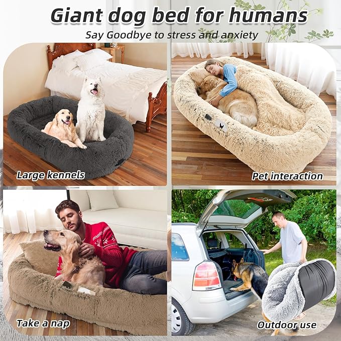 Human Dog Bed for Adults & Pets, 63"x32"x10" Faux Fur Nap Bed with Pillow, Blanket & Strap, Orthopedic Washable Lounger for Sleeping, Relaxing, Cuddling – Pink