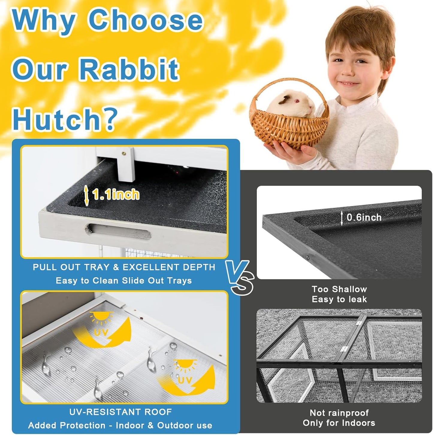 48" L Rabbit Hutch Outdoor Indoor Bunny Hutch Weatherproof, 2-Story Wood Rabbit Cage with Deep Tray, Chew-Resistant Ramp, UV Roof, Bunny House for Small Animal, Expandable Guinea Pig Cage