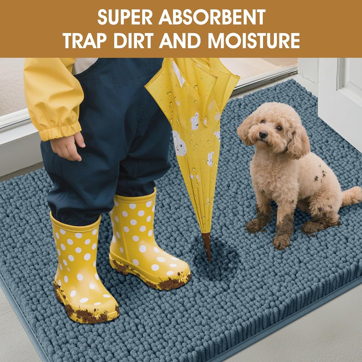 Extra Large Dog Door Mats for Muddy Paws, Chenille Absorbent Dog Mats, Non Slip Heavy Mud Mat for Dogs, Soft Pet Mat for Entryway, Mud Paws, Inside Floor,71" x 25", Dusty Blue