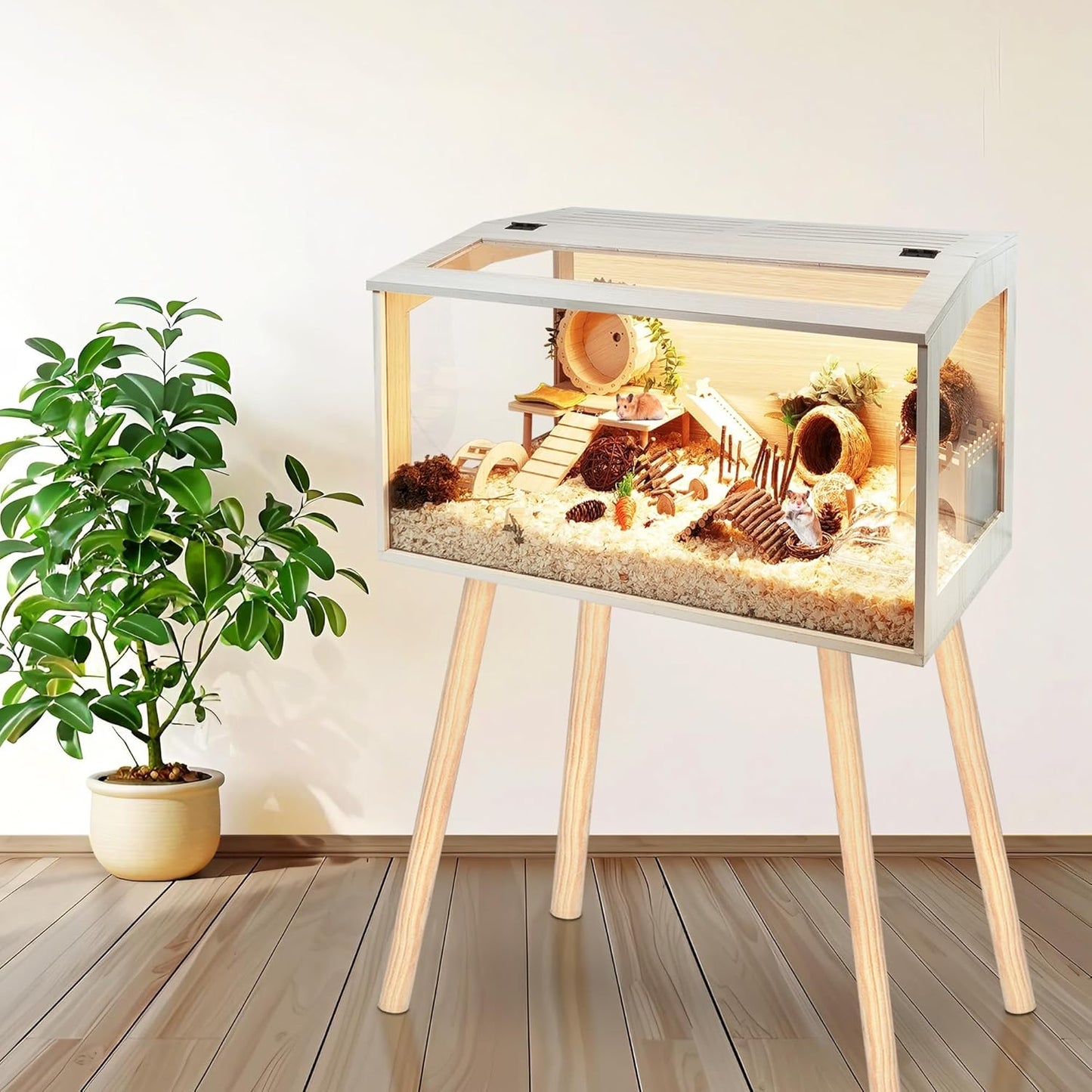 Prolee Hamster Cage Wooden Chew Proof, Extra Large Mice and Rat Habitat Openable Top with Acrylic Sheets Solid Built Small Animal Cage with Leg Stands, 24 Inch Long
