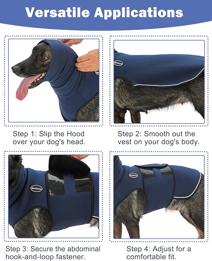 Dog Anxiety Vest with Hood, Skin-Friendly Thunder Jacket for Dogs, All-in-One Dog Calming Shirt with Hood for Thunder, Fireworks, Separation - Keep Pet Calm Without Medicine, Dark Blue, L