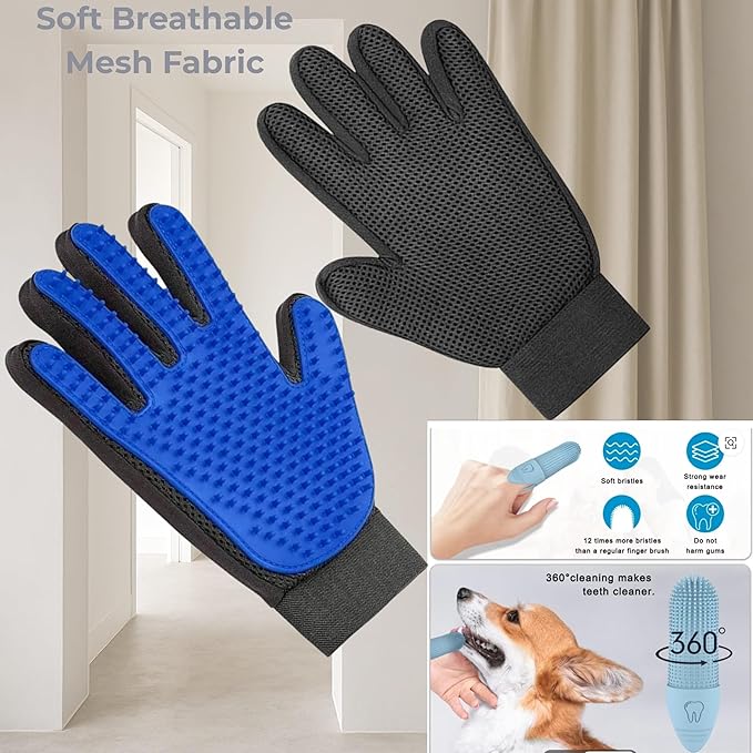 Pet Grooming Glove for Dogs, Cats & Horses – 2-in-1 Deshedding & Massage Mitt – Soft Silicone Tips – Left & Right Hand Set + Bonus Detail Tool