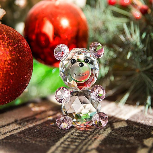 H&D Pink 3D Little Bear Crystal Figurine Paperweights Glass Xmas Decor