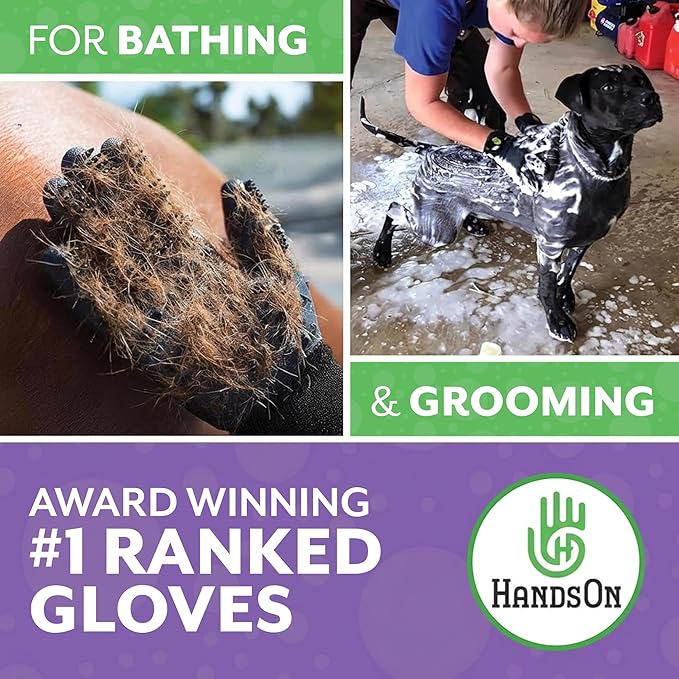 HandsOn Pet Grooming Gloves - #1 Ranked, Award Winning Shedding, Bathing, & Hair Remover Gloves for Cats, Dogs, and Horses (Green / Black, Large)