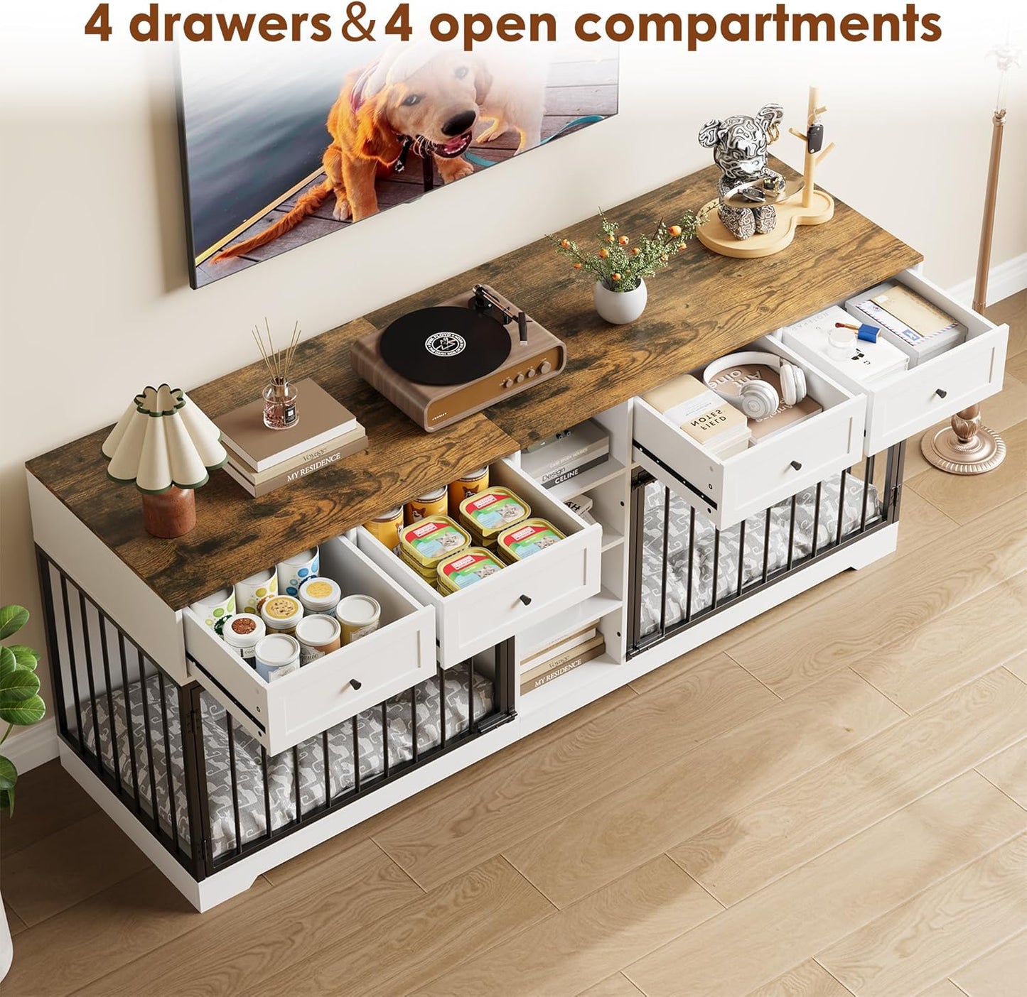 GarveeHome 82" Double Dog Crate Furniture, Large Dog Kennel Indoor for 2 Dogs, Heavy Duty Wooden Dog Crate TV Stand with 4 Drawers and Shelves, White/Brown