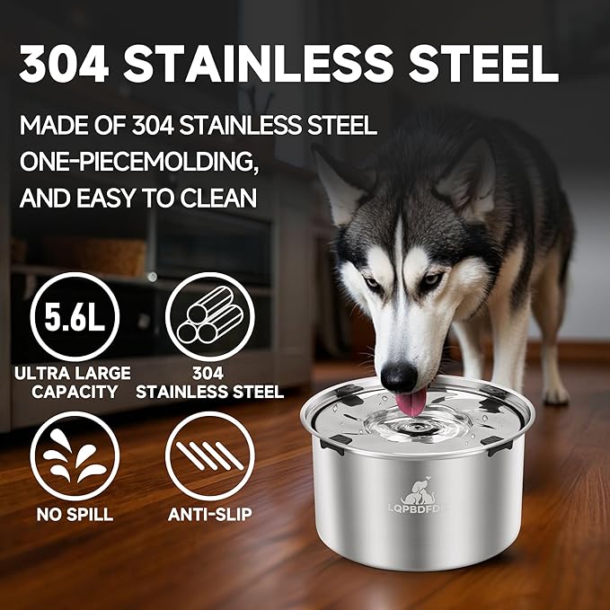 Dog Water Bowl No Spill, 5.6L/1.5 Gallon No Drip Slow Drinking Dog Water Bowl Dispenser Spill Proof, Large Stainless Steel Slobber Stopper for Messy Drinkers, Small Medium & Large Dogs