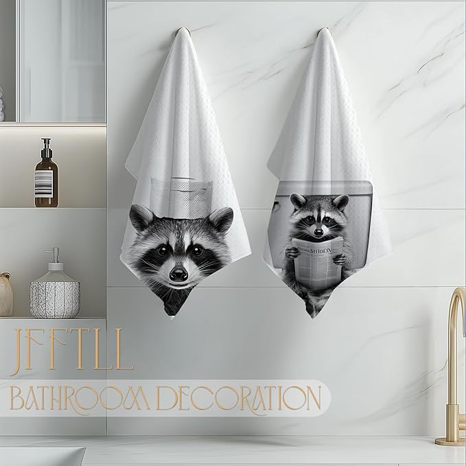 Funny Toilet Newspaper Raccoon Bathroom Hand Towels, Gifts for Raccoon Lovers Hand Towels for Bathroom Washroom Restroom Decor, 16x24 Inch Set of 2