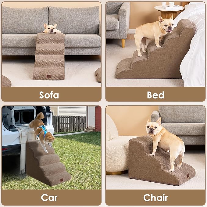 EHEYCIGA Curved Dog Stairs Ramp for Small Dogs 15.7" H, 3-Step Dog Steps for Couch Sofa and Chair, Pet Stairs for Cats, Non-Slip Balanced Pet Steps Indoor, Camel