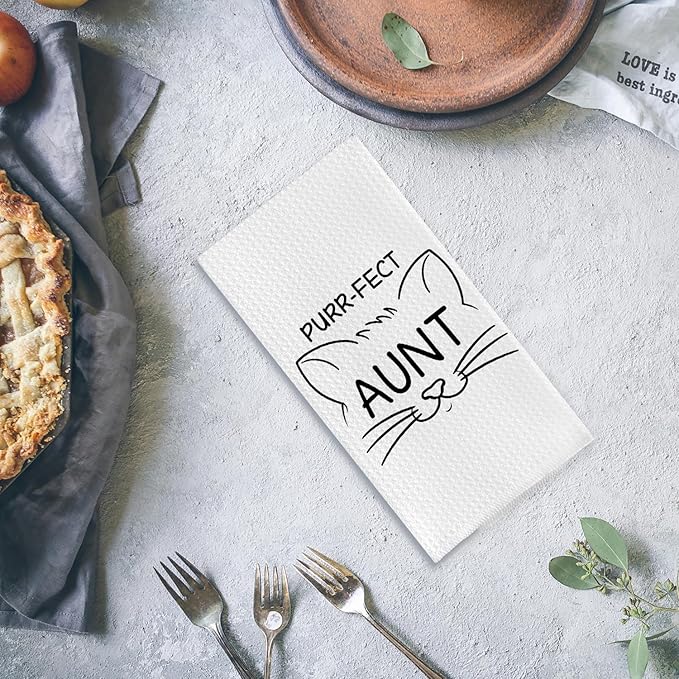 Funny Cat Kitchen Towels for Aunt, Purr-FECT Aunt Hand Towels, Waffle Weave for Kitchen & Bathroom, Cat Lovers' Gift, 16x24 Inch