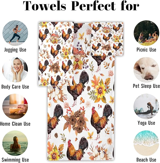 Gaming 3 Piece Towel Bathroom Sets, 1 Bath Towel, 1 Washcloth, 1 Hand Towel, Cotton Fast Dry Soft Absorbent Towel Set for Home Kitchen Family (Fall Chicken)
