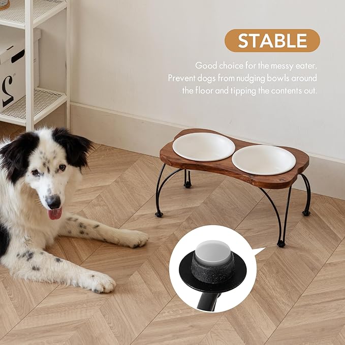 Ceramic 7.1-inch Raised Double-Bowl Set with Non-Slip Stand, 2.5 Cup Food or 24 oz Water Dishes for Medium and Dogs, Wide Opening with Rounded Edges(Matt White)