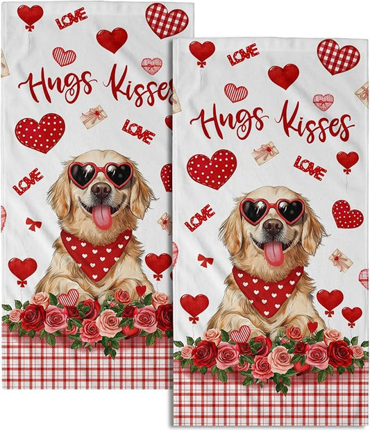 Giwawa Valentine Dog Hand Towels Set of 2 Hugs Kisses Dish Towels Soft Highly Absorbent Fingertip Towel for Home Bathroom Kitchen Hotel Spa
