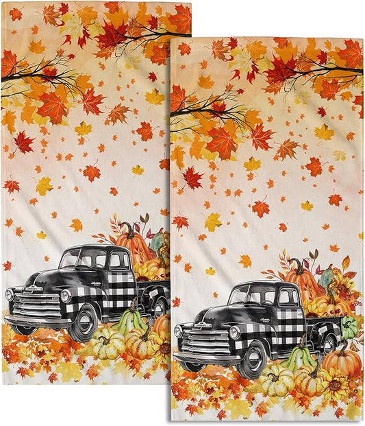 Giwawa Fall Plaid Truck Hand Towels Set of 2 Pumpkin Harvest Decorative Fingertip Towels Soft Face Towel for Bathroom Home Hotel Kitchen Decor