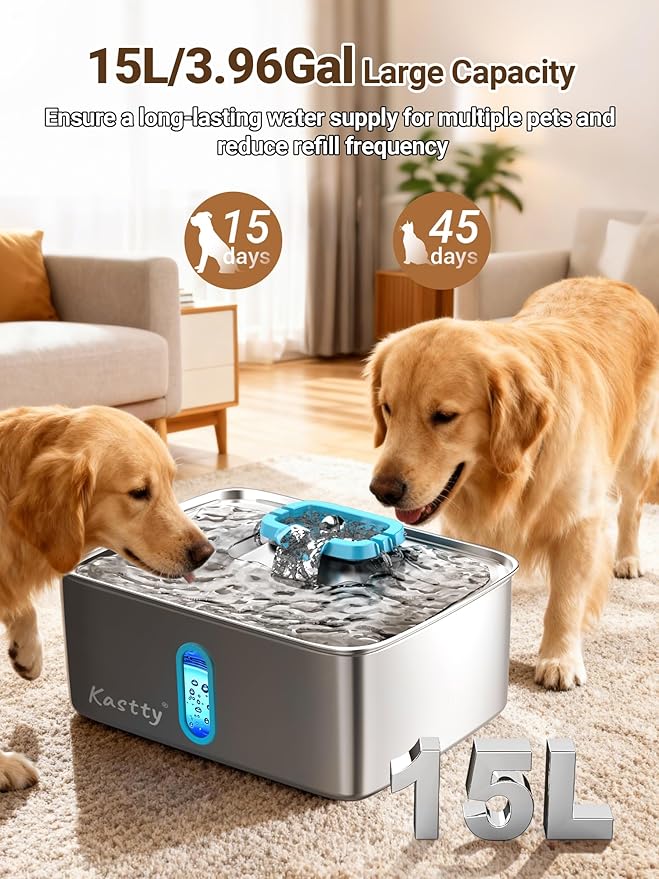 Kastty 4 Gal Large Dog Water Fountain,15L Stainless Steel Dog Water Bowl Dispenser with Water Level Window and LED Light,Ultra Quiet Automatic Pet Water Fountain Easy Cleaning(FS78,Blue)