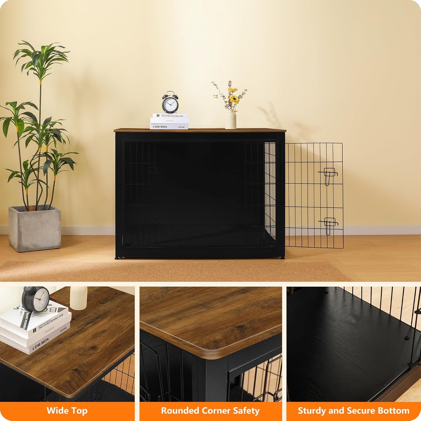 DWANTON Dog Crate Furniture with Cushion, Wooden Kennel Table with Double Doors, Indoor Dog House, Extra Large Size, 43.3" L, Black+Warm Brown