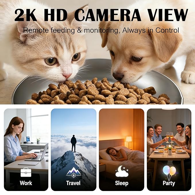 Automatic Cat Feeder with 2K Camera, 5G WiFi Smart Pet Food Dispenser for Cats & Small Dogs, 6L Large Capacity Timed Auto Feeder with App Control, Night Vision, 2-Way Audio & Detachable Design (White)