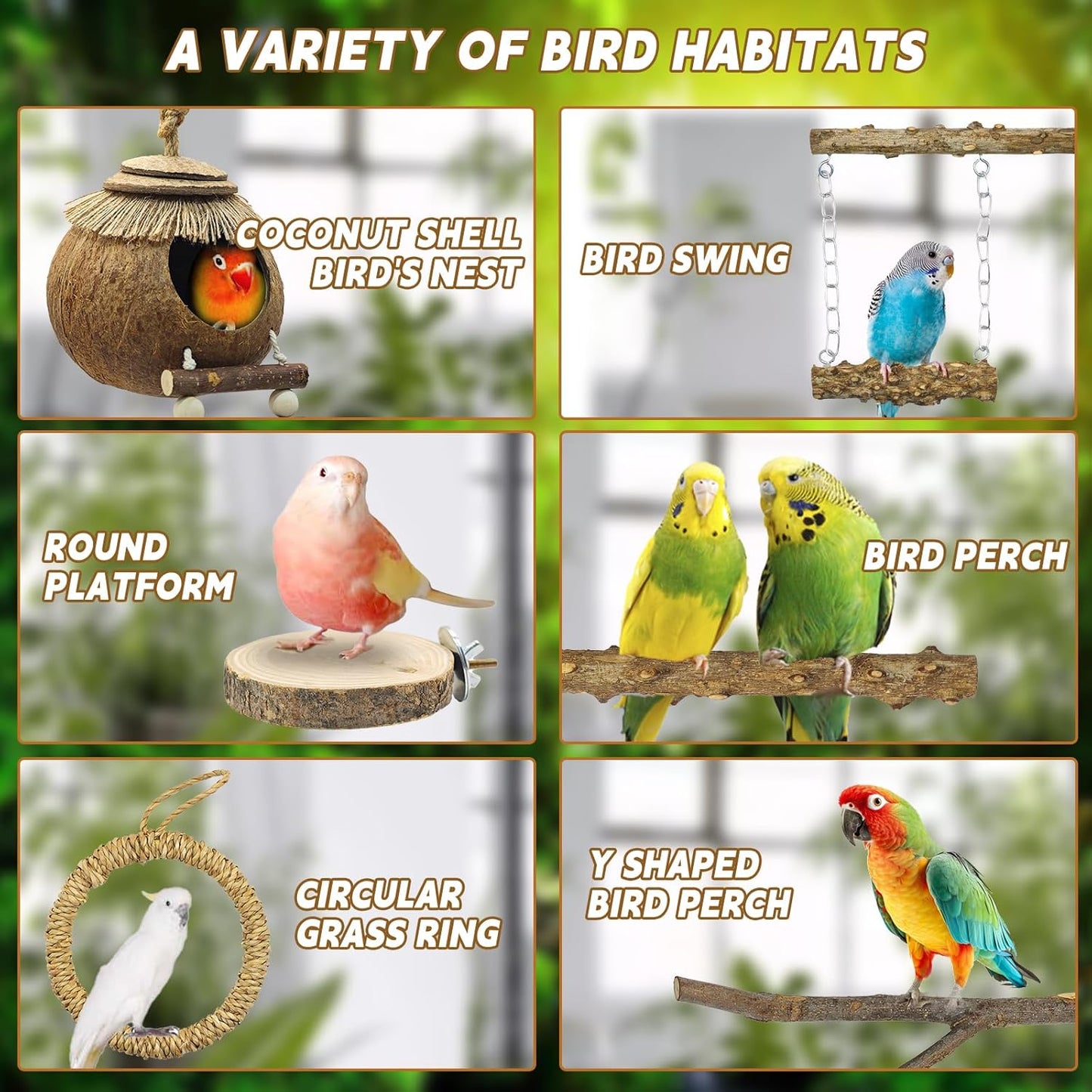 7PCS Bird Perches, Coconut Nest Hut with Ladder, Bird Swing and Stand for Small and Medium-Sized Parakeets, Conures and Budgies, Parrot Cockatiels Budgie Conure Finches Lovebirds