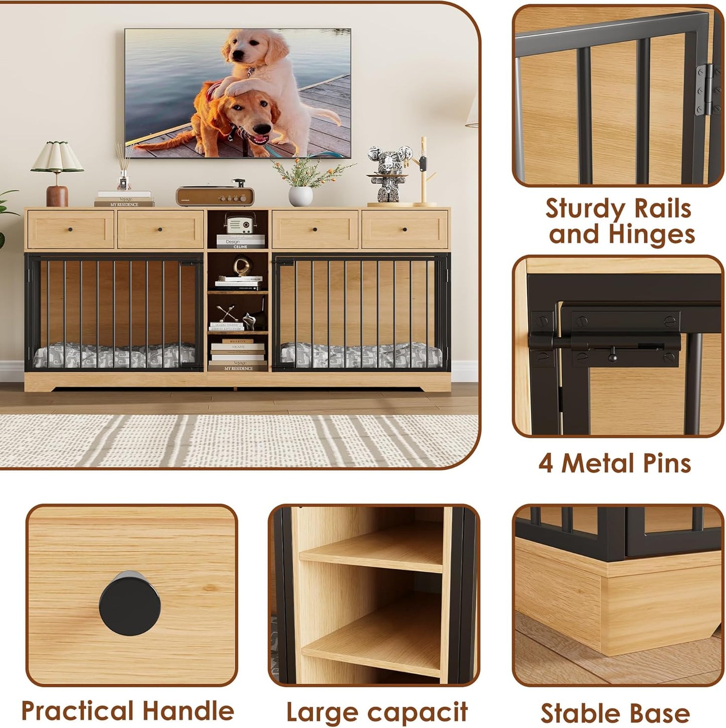GarveeHome 82" Double Dog Crate Furniture, Large Dog Kennel Indoor for 2 Dogs, Heavy Duty Wooden Dog Crate TV Stand with 4 Drawers and Shelves, Natural
