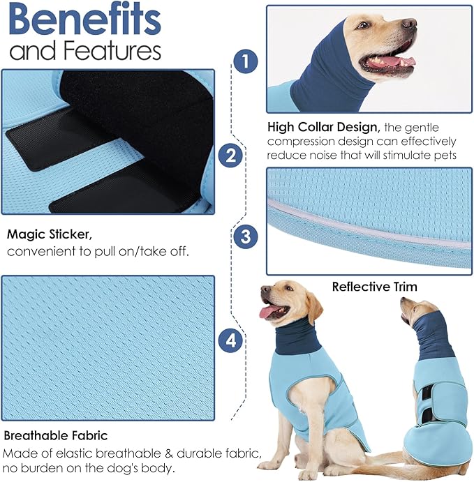 AOFITEE Dog Anxiety Vest, Dog Anxiety Calming Hoodie, Pet Thunder Jacket Calming Shirt for Fireworks, Thunder, Travel, Separation, Noise Block & Ear Protection Recovery