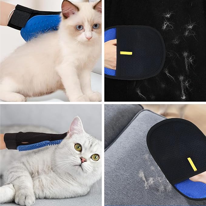 Pet Hair Removal Grooming Gloves Set – Silicone Cat & Dog Deshedding Gloves with Double-Sided Pet Hair Remover, Washable Reusable Anti-Static Grooming Set for Cats Dogs Horses (Blue)