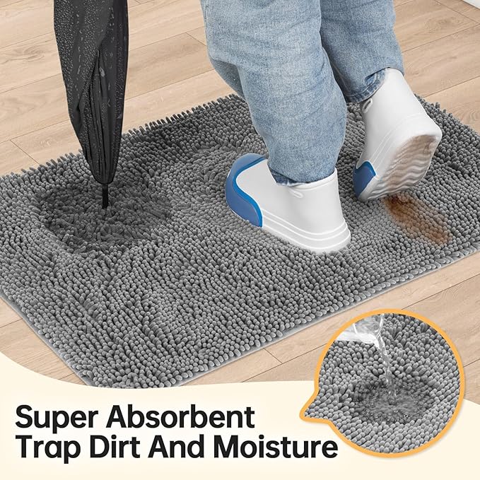 Absorbent Dog Door Mat for Muddy Paws, 60" x 48" Chenille Indoor Mats for Entryway, Trap Dirt Front Door Mat Indoor Entrance Washable Non Slip Soft Light Grey