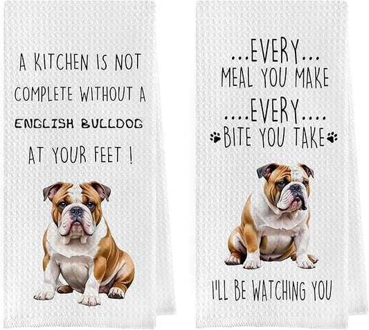 English Bulldog Dish Towels Set - Funny English Bulldog Gifts Decorative Waffle Weave Kitchen Towels, Hand Tea Towel, (16×24 Inches, Set of 2)