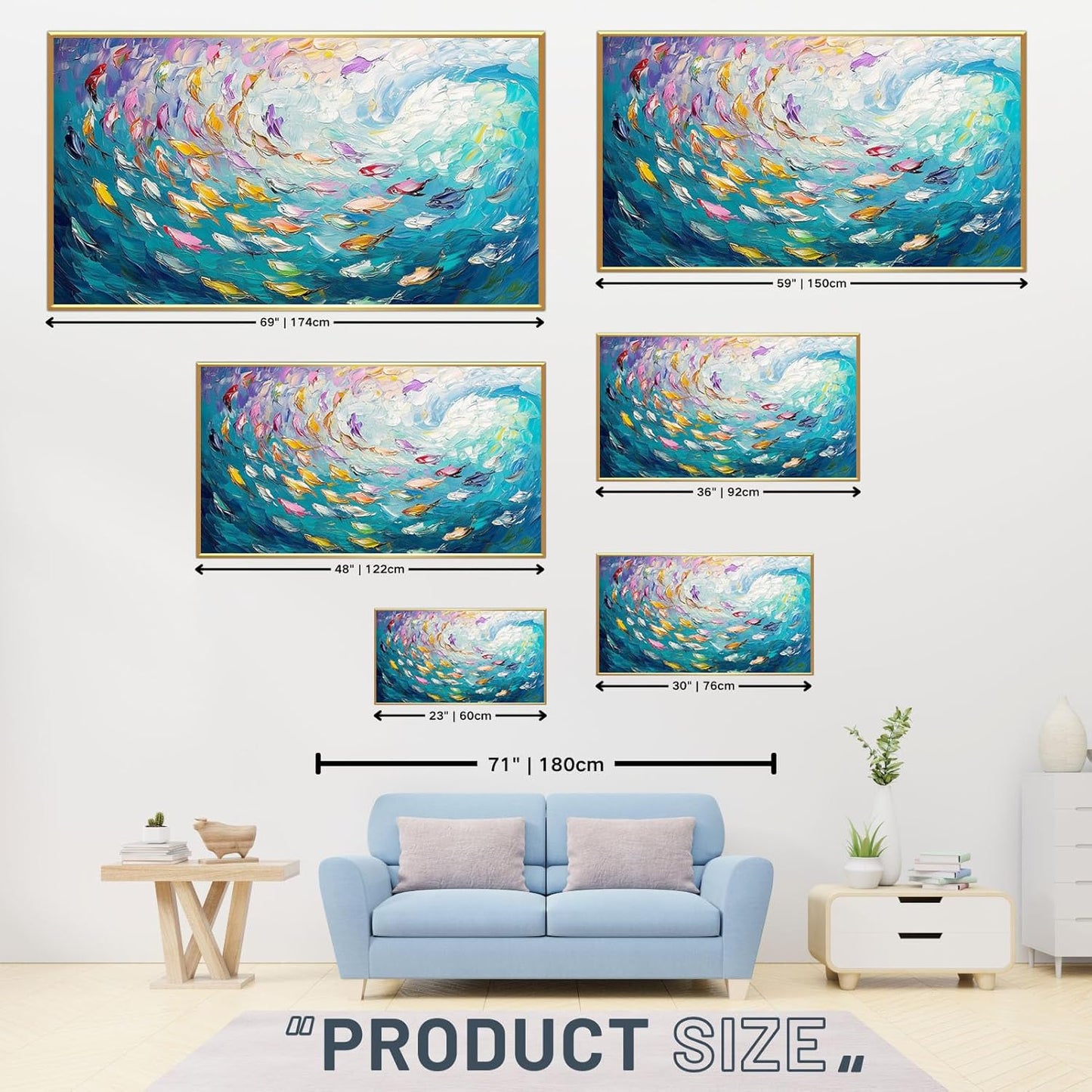 Fish Canvas Wall Art, Abstract School of Fish Canvas Wall Art, School of Fish Painting Canvas, School of Fish Wall Art, Fish Wall Decor, Fish Pictures Wall Decor, Bedroom Canvas Wall Decor (Black Framed, 30"x17" | 76x43cm)