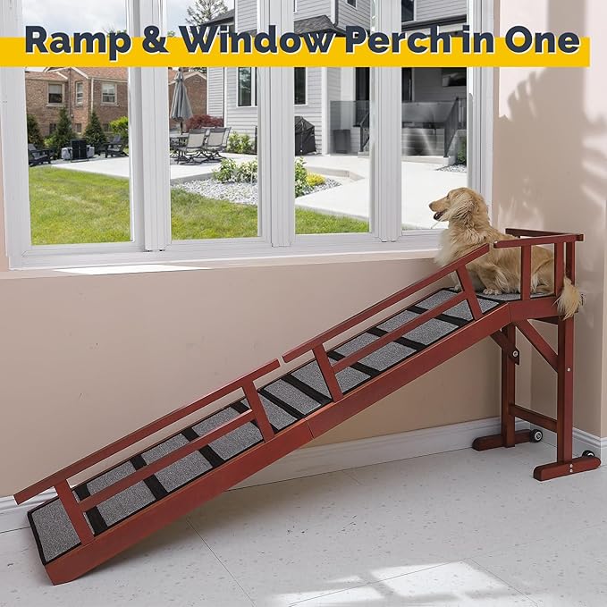 Dog Ramp for Bed or Couch, Wooden Pet Ramp with 20° Gentle Slope, Removable Side Rails, Non-Slip Surface, Top Platform & Wheels, Safe Bed Ramp for Small, Medium & Senior Dogs, 74" Long, Mahogany