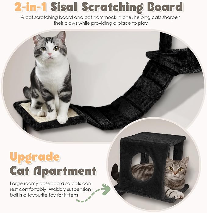 NUNU LAB 7-in-1 Cat Wall Shelves, Wall Mounted Cat Climber Set, Cat Furniture with House, Tunnel, Bridge, Steps, Scratcher, Hammock, Shelves for Indoor, Dark Black