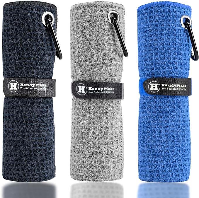 Handy Picks Microfiber Golf Towel (16" X 16") with Carabiner Clip, Waffle Pattern Golf Towel Hook and Loop Fastener - The Convenient Golf Cleaning Towel