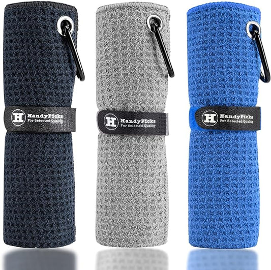 Handy Picks Microfiber Golf Towel (16" X 16") with Carabiner Clip, Waffle Pattern Golf Towel Hook and Loop Fastener - The Convenient Golf Cleaning Towel