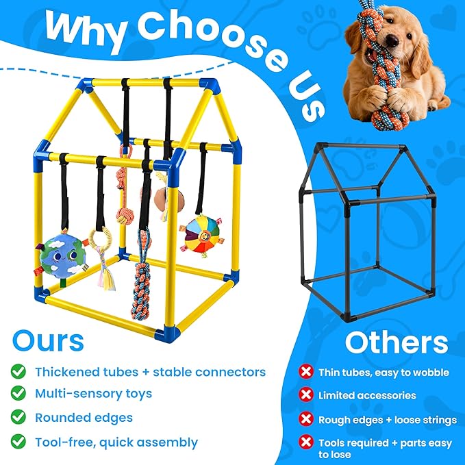 Almaro Puppy Play Gym with 8 Hanging Toys – Interactive Indoor Dog Enrichment Toy for Puppies & Small Dogs, Adjustable Bungee Toys, Tool-Free Assembly