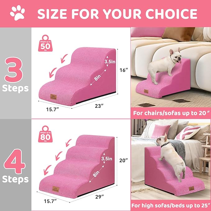 Dog Ramp and Stair for Bed 16" H-20 H,3-Step Cat Stair for Sofa and Chair,4-Step Dog Ramp for High Bed and Window,Durable Nonslip Fabric Cover for Indoor (Pink-16 H, Pet Friendly, 3)