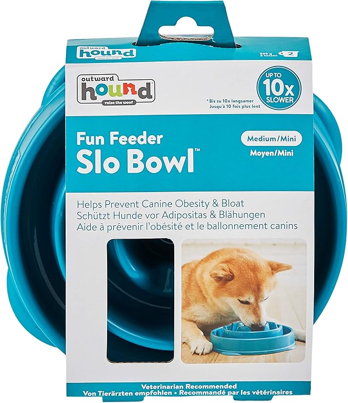 Outward Hound Fun Feeder Slo Bowl – Medium 2‑Cup Capacity, Slow Feeding, Small to Medium Dogs & Cats, Non-Slip, Turquoise, Drop Pattern (Pack of 12)