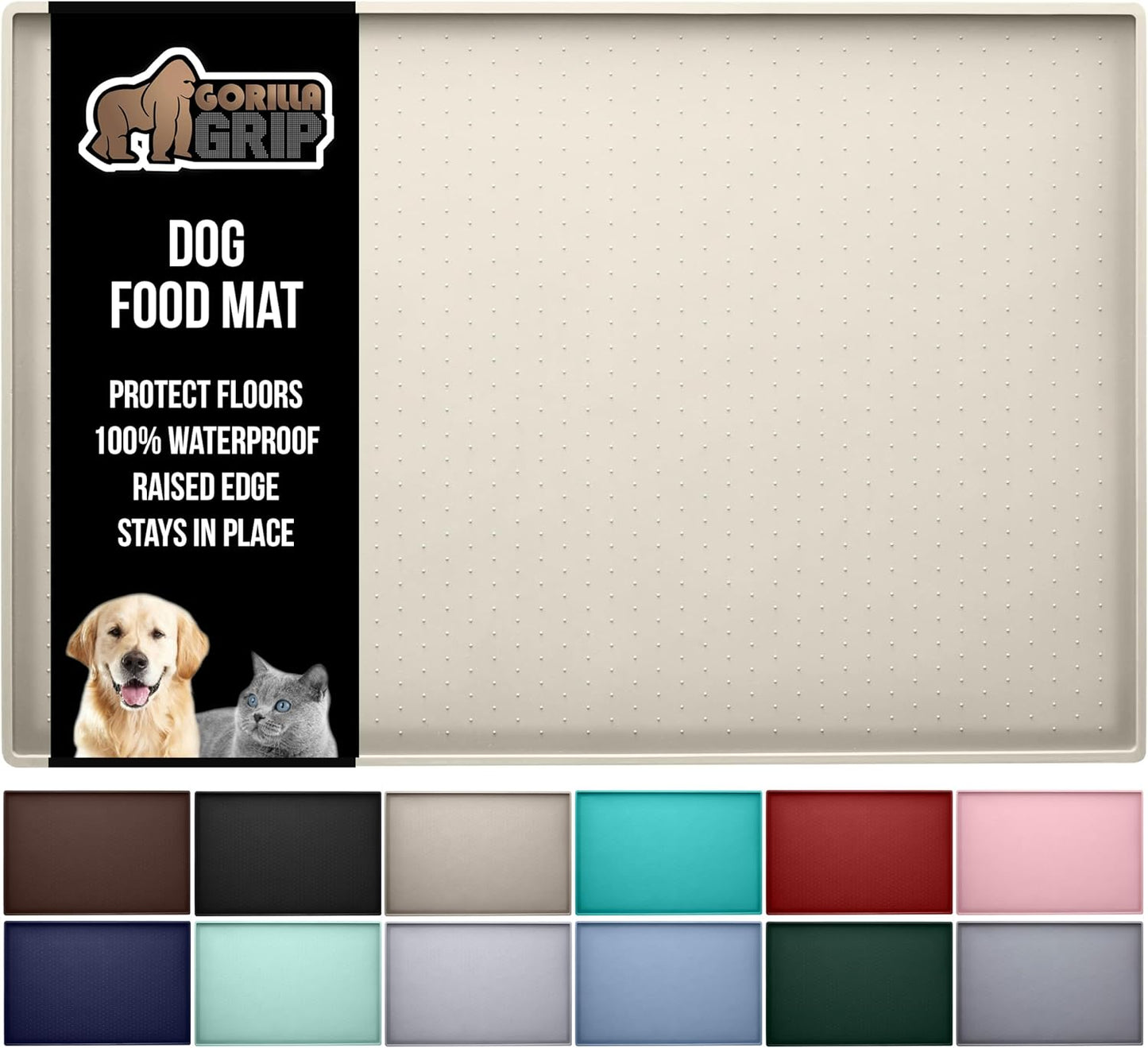 GORILLA GRIP 100% Waterproof Raised Edge BPA Free Silicone Pet Feeding Mat, Dog Cat Food Mats Contain Spills Protects Floors, Placemats for Cats and Dogs Water Bowl, Pets Accessories 32x24 Cream