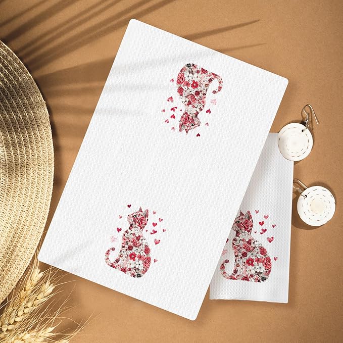 Floral Cat Kitchen Towels, Cat Lovers Gifts Hand Towels for Bathroom, Kitchen Bathroom Decor, 16x24 Inch