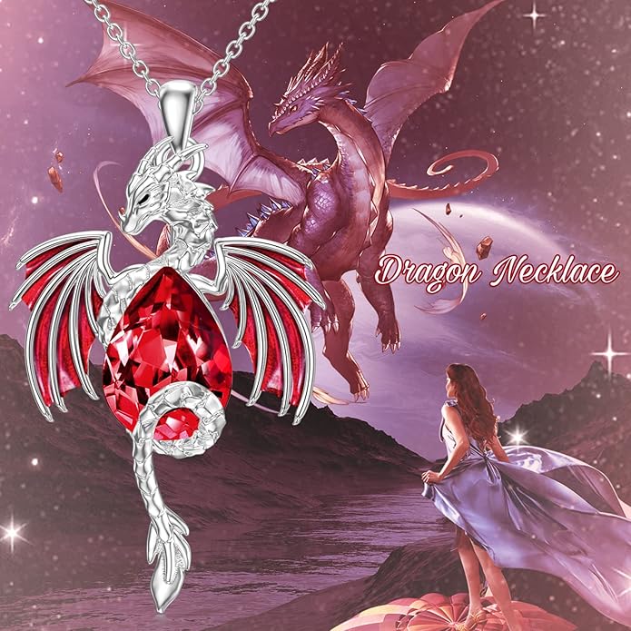 Dragon Necklace for Men Sterling Silver Birthstone Wyvern Necklace Embllished with Teardrop Shaped Crystal Jewelry for Women
