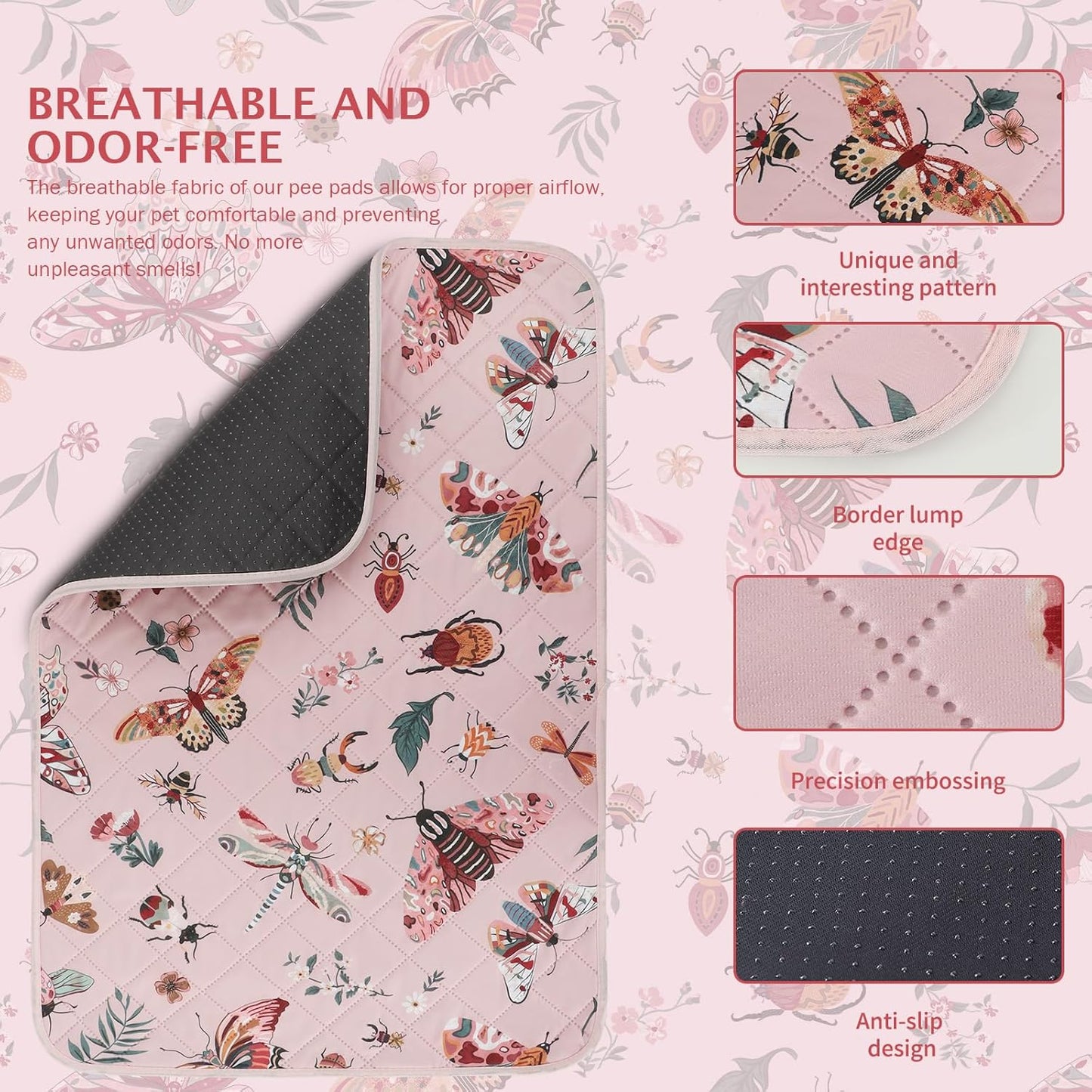 IEUUMLER Washable Pee Pads for Dogs, 1 Pack Insect Pattern Reusable Waterproof Puppy Potty Pads, Non-Slip Absorbent Pet Training Pads for Playpen Crate Bed EU014