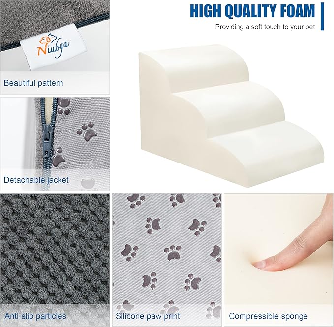 Dog Stairs for Small Dogs - High Density Foam Dog Ramp, Extra Wide Pet Steps with Non-Slip Bottom for High Beds, Couche and Sofa, Best for Dogs Injured, Older Doggy Cats (Grey, 3 Steps)