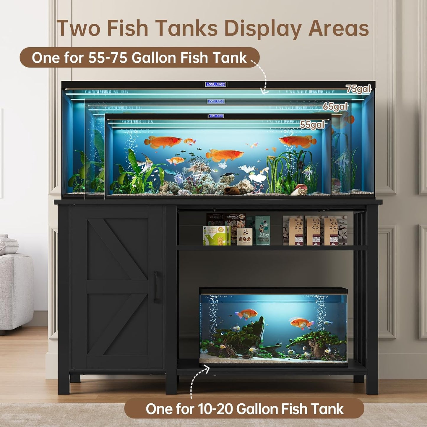 55-75 Gallon Fish Tank Stand with Power Outlet & Adjustable Shelf, Heavy Duty Aquarium Stand with Cabinet Storage for Fish Tank, Turtle Tank, Reptile Terrarium, 1000LBS Capacity, Black